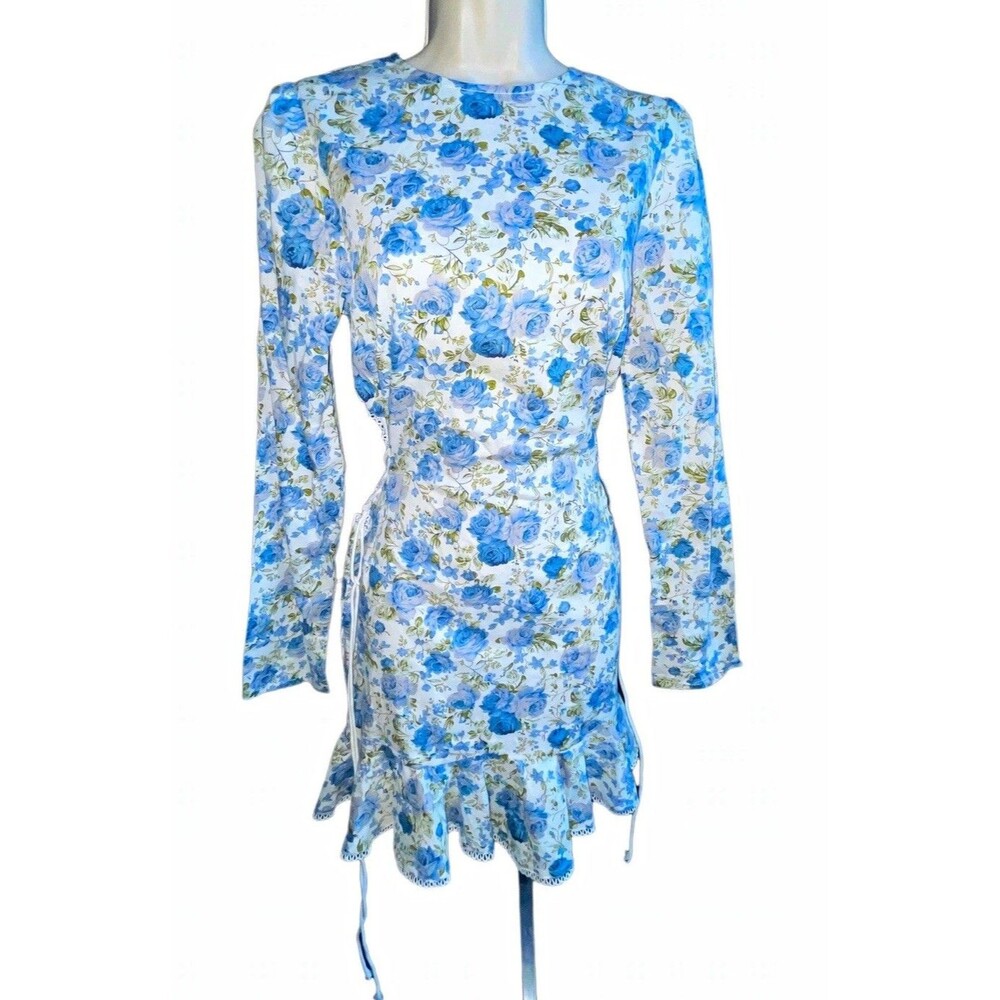 PrettyLittleThing Dress 6 Blue Floral Lace Up Side Ruffle Mini Cottagecore